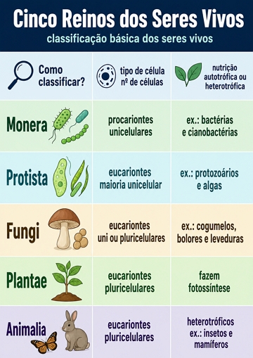 Infogr&aacute;fico sobre a classifica&ccedil;&atilde;o dos seres vivos em reinos