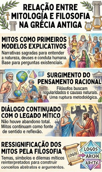 Infogr&aacute;fico sobre rela&ccedil;&atilde;o entre mitologia e filosofia na Gr&eacute;cia Antiga