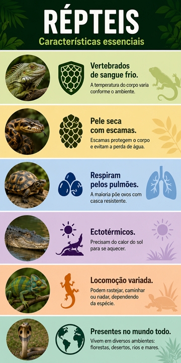 Infogr&aacute;fico com as principais caracter&iacute;sticas dos r&eacute;pteis