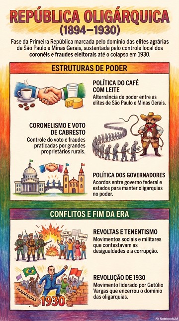 Infogr&aacute;fico com resumo did&aacute;tico sobre a Rep&uacute;blica Olig&aacute;rquica no Brasil