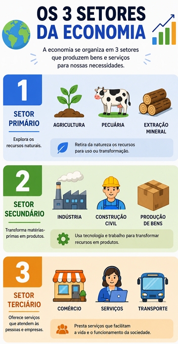 Infogr&aacute;fico did&aacute;tico sobre os 3 setores da Economia