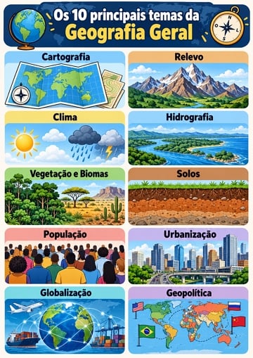 Infogr&aacute;fico dos 10 principais temas estudados pela Geografia Geral
