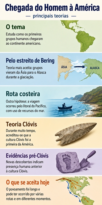 Infogr&aacute;fico sobre as principais teorias sobre a chegada do Homem &agrave; Am&eacute;rica