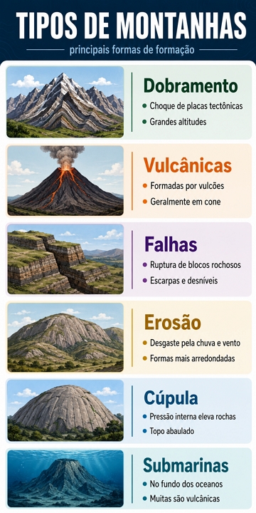 Infogr&aacute;fico mostrando os principais tipos de montanhas