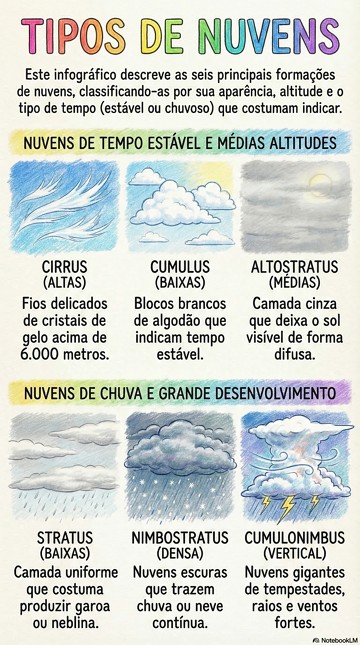 Infogr&aacute;fico sobre os tipos de nuvens e suas caracter&iacute;sticas