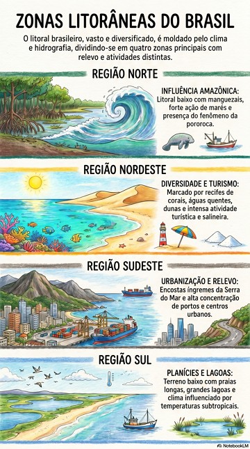 Infogr&aacute;fico mostrando as 4 zonas litor&acirc;neas do Brasil e suas caracter&iacute;sticas