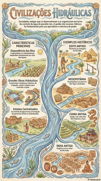 Infogr&aacute;ficos com caracter&iacute;sticas e exemplos das civiliza&ccedil;&otilde;es hidr&aacute;ulicas