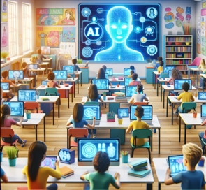 Ilustra&ccedil;&atilde;o representando o uso da Intelig&ecirc;ncia artificial na educa&ccedil;&atilde;o, numa sala de aula com alunos com computadores.