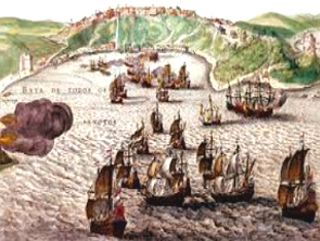 Pintura mostrando navios antigos dos holandeses chegando ao Nordeste do Brasil