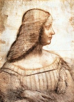 Retrato pintado de uma mulher de perfil de cabelos longos. A pintura é em tom tom sépia.