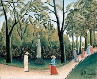Pintura mostrando um jardim com &aacute;rvores e plantas com homens e mulheres passeando