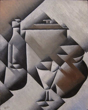 Obra cubista de Juan Gris mostrando uma jarra, uma garrafa e um copo