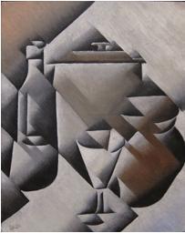 Jarra, garrafa e copo, obra do cubismo anal&iacute;tico