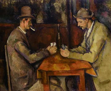 Pintura mostrando dois homens jogando cartas numa mesa