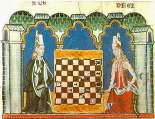 Pintura medieval mostrando duas mulheres nobres jogando xadrez