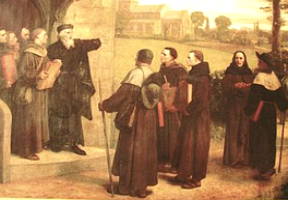 Pintura mostrando John Wycliffe dando tradu&ccedil;&otilde;es da B&iacute;blia aos padres pobres