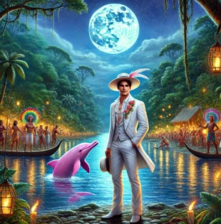 Ilustra&ccedil;&atilde;o mostrando um boto cor de rosa no rio, numa noite com lua e um homem bonito e vestido de branco