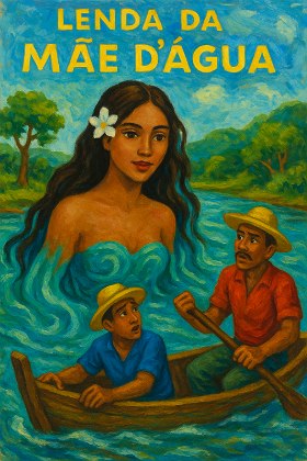 Ilustra&ccedil;&atilde;o mostrando uma mulher ind&iacute;gena saindo das &aacute;guas de um rio e assustando dois pescadores
