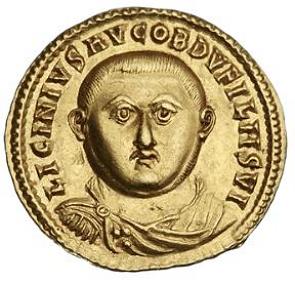 Moeda com a face de Lic&iacute;nio imperador do Imp&eacute;rio Romano do Oriente.