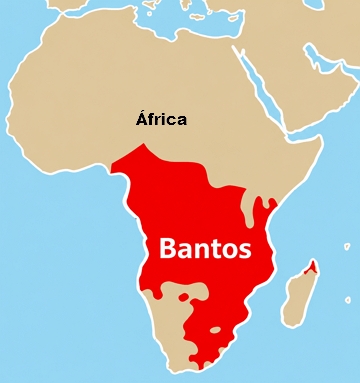 Mapa da &Aacute;frica mostrando regi&atilde;o ocupada pelos bantos