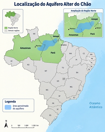 Mapa do Brasil mostrando a localiza&ccedil;&atilde;o geogr&aacute;fico do aqu&iacute;fero Alter do Ch&atilde;o