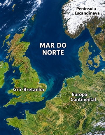Vista a&eacute;rea com localiza&ccedil;&atilde;o geogr&aacute;fica o Mar do Norte
