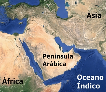 Mapa com a localiza&ccedil;&atilde;o geogr&aacute;fica da Pen&iacute;nsula Ar&aacute;bica