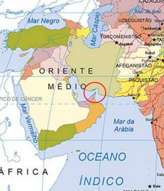 Mapa do Oriente M&eacute;dio mostrando a localiza&ccedil;&atilde;o do Estreito de Ormuz