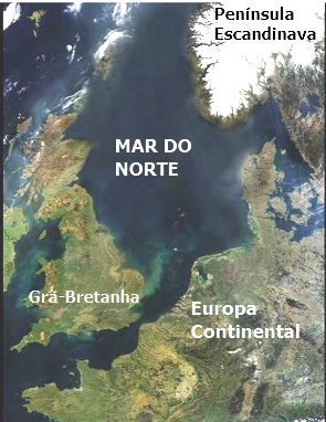 Vista aérea com localização geográfica o Mar do Norte