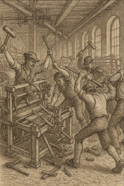 Ilustra&ccedil;&atilde;o mostrando os ludistas quebrando m&aacute;quina na Revolu&ccedil;&atilde;o Industrial