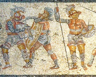 Mosaico mostrando gladiadores romanos lutando