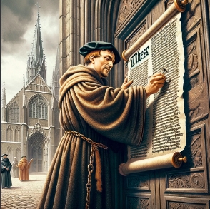 Ilustra&ccedil;&atilde;o de Lutero pregando as 95 teses na porta da Igreja