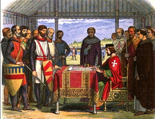 Ilustra&ccedil;&atilde;o mostrando o rei Jo&atilde;o assinando a magna carta numa recria&ccedil;&atilde;o idealizada do s&eacute;culo XIX