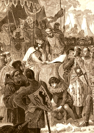 Ilustra&ccedil;&atilde;o mostrando o rei Jo&atilde;o sem Terra da Inglaterra assinando a Magna Carta