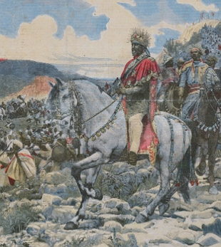 Pintura do imperador et&iacute;ope Manelik II em seu cavalo