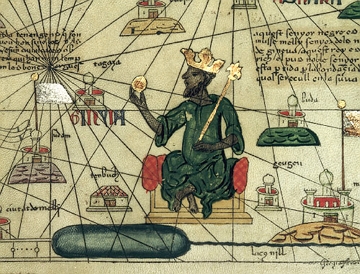 Pintura mostrando um homem com uma coroa dourada na cabe&ccedil;a, sendado num trono, segurando um cajado e um objeto de ouro.