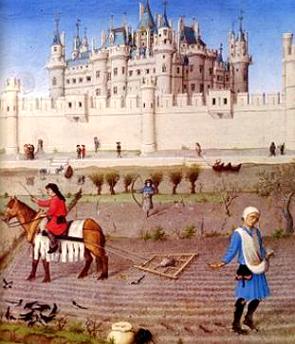 Camponeses trabalhando nas terras do senhor feudal com um castelo ao fundo