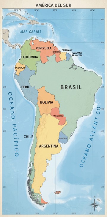 Mapa pol&iacute;tico da Am&eacute;rica do Sul indicando os pa&iacute;ses