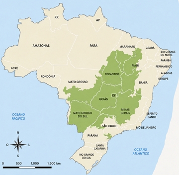 Mapa do Brasil mostrando a localiza&ccedil;&atilde;o do Cerrado