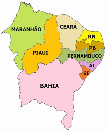Mapa da regi&atilde;o Nordeste do Brasil com os estados em destaque