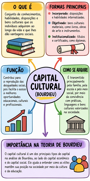 Mapa mental explicando o conceito de capital cultual em Bourdieu