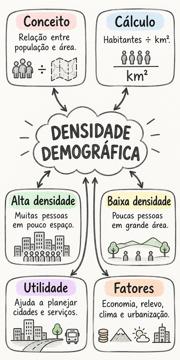 Mapa mental com o essencial sobre densidade demogr&aacute;fica
