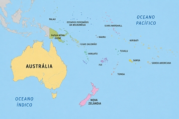 Mapa da Oceania com destaque para a Austr&aacute;lia