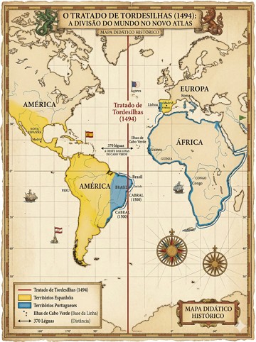 Mapa do Tratado de Tordesilhas para fins did&aacute;ticos