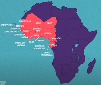 Mapa da &Aacute;frica identificando os pa&iacute;ses da &Aacute;frica Ocidental