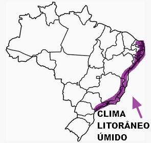 Mapa do Brasil mostrando a regi&atilde;o de clima litor&acirc;neo &uacute;mido