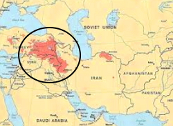Região do Curdistão no destaque do mapa