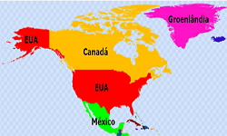 Mapa da América do Norte com a indicação dos países