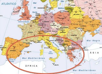 Mapa da Europa mostrando a regi&atilde;o mediterr&acirc;nea