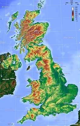 Mapa do relevo do Reino Unido